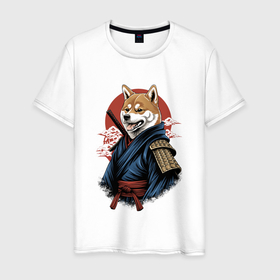 Мужская футболка хлопок с принтом Собака Сиба ину самурай в Тюмени, 100% хлопок | прямой крой, круглый вырез горловины, длина до линии бедер, слегка спущенное плечо. | 