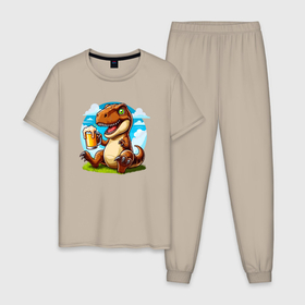 Мужская пижама хлопок с принтом Динозавр с кружкой пива   мем в Кировске, 100% хлопок | брюки и футболка прямого кроя, без карманов, на брюках мягкая резинка на поясе и по низу штанин
 | 