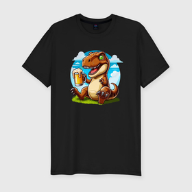 Мужская футболка хлопок Slim с принтом Динозавр с кружкой пива   мем , 92% хлопок, 8% лайкра | приталенный силуэт, круглый вырез ворота, длина до линии бедра, короткий рукав | Тематика изображения на принте: 