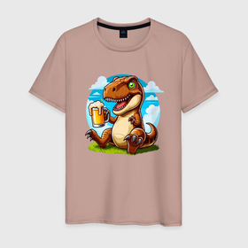 Мужская футболка хлопок с принтом Динозавр с кружкой пива   мем в Санкт-Петербурге, 100% хлопок | прямой крой, круглый вырез горловины, длина до линии бедер, слегка спущенное плечо. | 