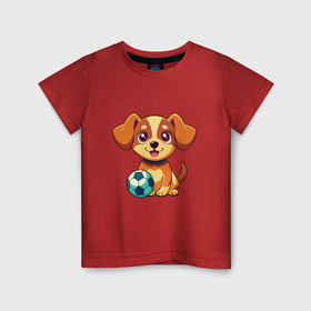 Детская футболка хлопок с принтом Собака с мячом в Белгороде, 100% хлопок | круглый вырез горловины, полуприлегающий силуэт, длина до линии бедер | Тематика изображения на принте: 