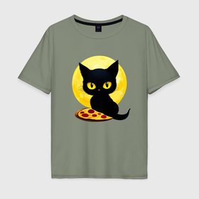 Мужская футболка хлопок Oversize с принтом Черный котик с пиццей , 100% хлопок | свободный крой, круглый ворот, “спинка” длиннее передней части | Тематика изображения на принте: 
