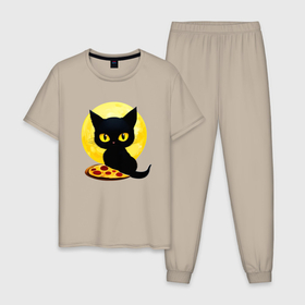 Мужская пижама хлопок с принтом Черный котик с пиццей в Кировске, 100% хлопок | брюки и футболка прямого кроя, без карманов, на брюках мягкая резинка на поясе и по низу штанин
 | 