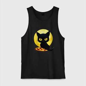 Мужская майка хлопок с принтом Черный котик с пиццей , 100% хлопок |  | Тематика изображения на принте: 