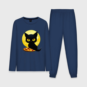Мужская пижама с лонгсливом хлопок с принтом Черный котик с пиццей ,  |  | Тематика изображения на принте: 