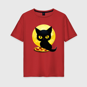 Женская футболка хлопок Oversize с принтом Черный котик с пиццей , 100% хлопок | свободный крой, круглый ворот, спущенный рукав, длина до линии бедер
 | 