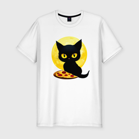 Мужская футболка хлопок Slim с принтом Черный котик с пиццей , 92% хлопок, 8% лайкра | приталенный силуэт, круглый вырез ворота, длина до линии бедра, короткий рукав | 