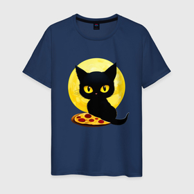 Мужская футболка хлопок с принтом Черный котик с пиццей в Белгороде, 100% хлопок | прямой крой, круглый вырез горловины, длина до линии бедер, слегка спущенное плечо. | 