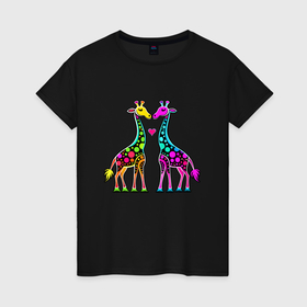 Женская футболка хлопок с принтом Влюбленные жирафы в Екатеринбурге, 100% хлопок | прямой крой, круглый вырез горловины, длина до линии бедер, слегка спущенное плечо | 