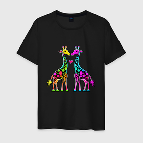 Мужская футболка хлопок с принтом Влюбленные жирафы в Тюмени, 100% хлопок | прямой крой, круглый вырез горловины, длина до линии бедер, слегка спущенное плечо. | Тематика изображения на принте: 