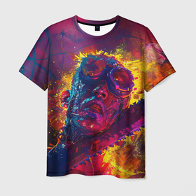 Мужская футболка 3D с принтом Человек с пилой в брызгах краски , 100% полиэфир | прямой крой, круглый вырез горловины, длина до линии бедер | 