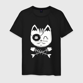 Мужская футболка хлопок с принтом Милый котик с повязкой на глазу , 100% хлопок | прямой крой, круглый вырез горловины, длина до линии бедер, слегка спущенное плечо. | 