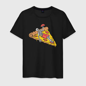 Мужская футболка хлопок с принтом Скелет пиццеед в Санкт-Петербурге, 100% хлопок | прямой крой, круглый вырез горловины, длина до линии бедер, слегка спущенное плечо. | 