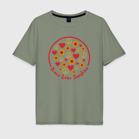 Мужская футболка хлопок Oversize с принтом Мир любовь солнце в Тюмени, 100% хлопок | свободный крой, круглый ворот, “спинка” длиннее передней части | 