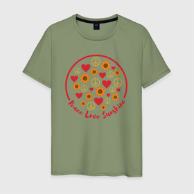 Мужская футболка хлопок с принтом Мир любовь солнце в Тюмени, 100% хлопок | прямой крой, круглый вырез горловины, длина до линии бедер, слегка спущенное плечо. | 
