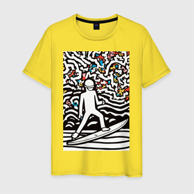 Мужская футболка хлопок с принтом Серфингист в Екатеринбурге, 100% хлопок | прямой крой, круглый вырез горловины, длина до линии бедер, слегка спущенное плечо. | Тематика изображения на принте: 