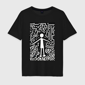 Мужская футболка хлопок Oversize с принтом Челик черно белая абстракция в Екатеринбурге, 100% хлопок | свободный крой, круглый ворот, “спинка” длиннее передней части | 