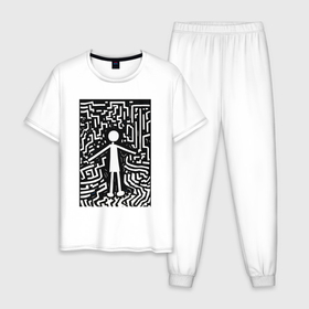 Мужская пижама хлопок с принтом Челик черно белая абстракция в Белгороде, 100% хлопок | брюки и футболка прямого кроя, без карманов, на брюках мягкая резинка на поясе и по низу штанин
 | 