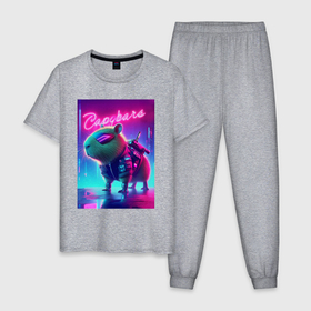 Мужская пижама хлопок с принтом Cool capybara   cyberpunk ai art в Белгороде, 100% хлопок | брюки и футболка прямого кроя, без карманов, на брюках мягкая резинка на поясе и по низу штанин
 | 