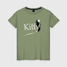 Женская футболка хлопок с принтом Маленькая черная кошка с надписью kitty в Новосибирске, 100% хлопок | прямой крой, круглый вырез горловины, длина до линии бедер, слегка спущенное плечо | Тематика изображения на принте: 