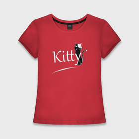 Женская футболка хлопок Slim с принтом Маленькая черная кошка с надписью kitty в Новосибирске,  |  | Тематика изображения на принте: 