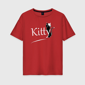 Женская футболка хлопок Oversize с принтом Маленькая черная кошка с надписью kitty , 100% хлопок | свободный крой, круглый ворот, спущенный рукав, длина до линии бедер
 | 