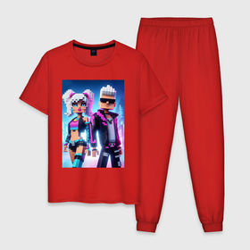 Мужская пижама хлопок с принтом Barbie and Ken   Minecraft ai art fantasy в Кировске, 100% хлопок | брюки и футболка прямого кроя, без карманов, на брюках мягкая резинка на поясе и по низу штанин
 | 