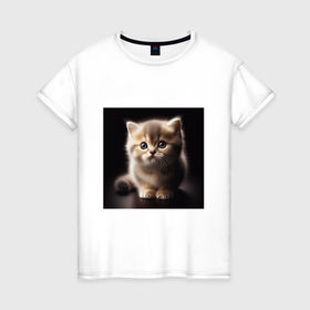 Женская футболка хлопок с принтом Пушистый маленький котенок , 100% хлопок | прямой крой, круглый вырез горловины, длина до линии бедер, слегка спущенное плечо | Тематика изображения на принте: 
