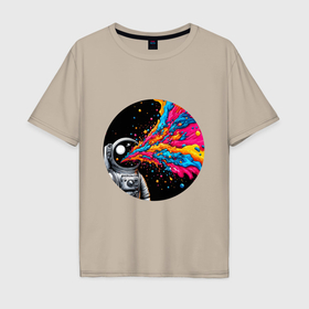 Мужская футболка хлопок Oversize с принтом Космонавт с разноцветными брызгами , 100% хлопок | свободный крой, круглый ворот, “спинка” длиннее передней части | Тематика изображения на принте: 