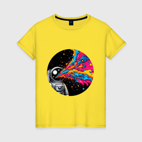 Женская футболка хлопок с принтом Космонавт с разноцветными брызгами в Екатеринбурге, 100% хлопок | прямой крой, круглый вырез горловины, длина до линии бедер, слегка спущенное плечо | 