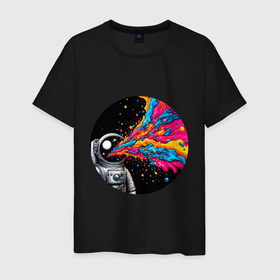Мужская футболка хлопок с принтом Космонавт с разноцветными брызгами в Екатеринбурге, 100% хлопок | прямой крой, круглый вырез горловины, длина до линии бедер, слегка спущенное плечо. | 