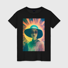 Женская футболка хлопок с принтом Дама в шляпке в Екатеринбурге, 100% хлопок | прямой крой, круглый вырез горловины, длина до линии бедер, слегка спущенное плечо | 