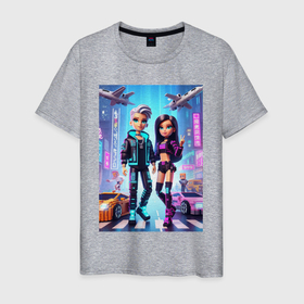 Мужская футболка хлопок с принтом Юные Барби и Кен   Майнкрафт коллаба в Санкт-Петербурге, 100% хлопок | прямой крой, круглый вырез горловины, длина до линии бедер, слегка спущенное плечо. | 