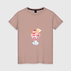 Женская футболка хлопок с принтом Мороженое с трубочкой и печенькой в Екатеринбурге, 100% хлопок | прямой крой, круглый вырез горловины, длина до линии бедер, слегка спущенное плечо | 