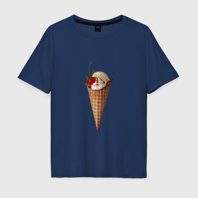 Мужская футболка хлопок Oversize с принтом Мороженое с вишней в вафельном рожке , 100% хлопок | свободный крой, круглый ворот, “спинка” длиннее передней части | 