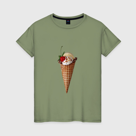 Женская футболка хлопок с принтом Мороженое с вишней в вафельном рожке в Новосибирске, 100% хлопок | прямой крой, круглый вырез горловины, длина до линии бедер, слегка спущенное плечо | Тематика изображения на принте: 