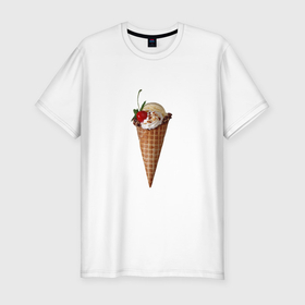 Мужская футболка хлопок Slim с принтом Мороженое с вишней в вафельном рожке в Курске, 92% хлопок, 8% лайкра | приталенный силуэт, круглый вырез ворота, длина до линии бедра, короткий рукав | 