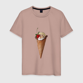 Мужская футболка хлопок с принтом Мороженое с вишней в вафельном рожке в Курске, 100% хлопок | прямой крой, круглый вырез горловины, длина до линии бедер, слегка спущенное плечо. | 