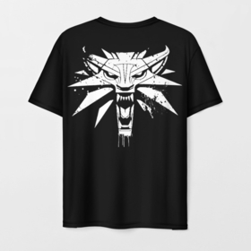 Мужская футболка 3D с принтом Логотип волка с подтеками   Ведьмак 3 в Санкт-Петербурге, 100% полиэфир | прямой крой, круглый вырез горловины, длина до линии бедер | 