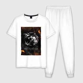 Мужская пижама хлопок с принтом The Witcher   Logo в Петрозаводске, 100% хлопок | брюки и футболка прямого кроя, без карманов, на брюках мягкая резинка на поясе и по низу штанин
 | Тематика изображения на принте: 