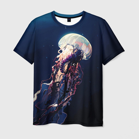 Мужская футболка 3D с принтом Кудрявые щупальца медузы в Петрозаводске, 100% полиэфир | прямой крой, круглый вырез горловины, длина до линии бедер | 