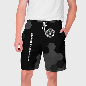 Мужские шорты 3D с принтом Manchester United sport на темном фоне вертикально в Новосибирске,  полиэстер 100% | прямой крой, два кармана без застежек по бокам. Мягкая трикотажная резинка на поясе, внутри которой широкие завязки. Длина чуть выше колен | 