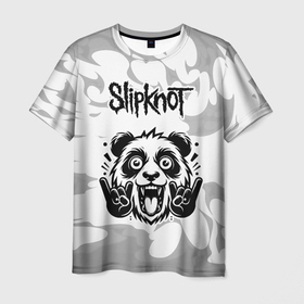 Мужская футболка 3D с принтом Slipknot рок панда на светлом фоне в Новосибирске, 100% полиэфир | прямой крой, круглый вырез горловины, длина до линии бедер | Тематика изображения на принте: 