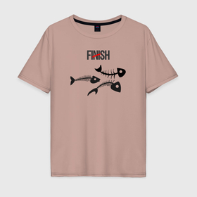 Мужская футболка хлопок Oversize с принтом Finish, скелеты рыб в Новосибирске, 100% хлопок | свободный крой, круглый ворот, “спинка” длиннее передней части | 