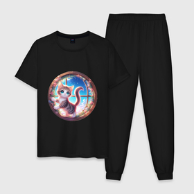 Мужская пижама хлопок с принтом Котенок в окне, в стиле анимэ , 100% хлопок | брюки и футболка прямого кроя, без карманов, на брюках мягкая резинка на поясе и по низу штанин
 | 