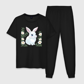 Мужская пижама хлопок с принтом Милый зайчонок на фоне цветов в Петрозаводске, 100% хлопок | брюки и футболка прямого кроя, без карманов, на брюках мягкая резинка на поясе и по низу штанин
 | 