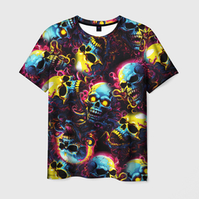 Мужская футболка 3D с принтом Разноцветные черепушки с щупальцами , 100% полиэфир | прямой крой, круглый вырез горловины, длина до линии бедер | 