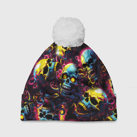 Шапка 3D c помпоном с принтом Разноцветные черепушки с щупальцами в Тюмени, 100% полиэстер | универсальный размер, печать по всей поверхности изделия | 