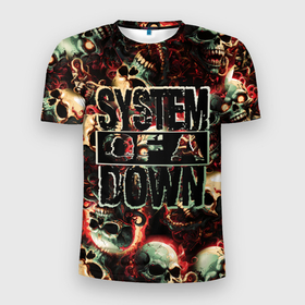 Мужская футболка 3D Slim с принтом System of a Down на фоне черепов в Петрозаводске, 100% полиэстер с улучшенными характеристиками | приталенный силуэт, круглая горловина, широкие плечи, сужается к линии бедра | 