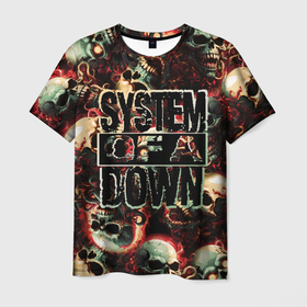 Мужская футболка 3D с принтом System of a Down на фоне черепов в Петрозаводске, 100% полиэфир | прямой крой, круглый вырез горловины, длина до линии бедер | Тематика изображения на принте: 